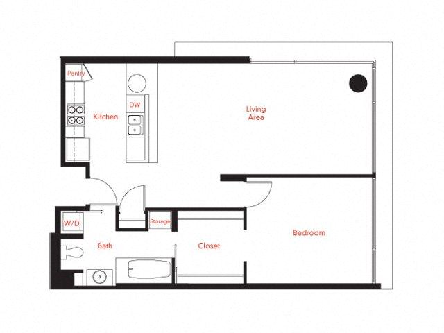 Floor plan for 1 bed, 1 bath, 897 sqft