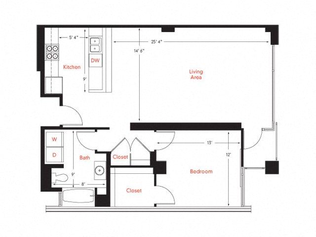 Floor plan for 1 bed, 1 bath, 941 sqft