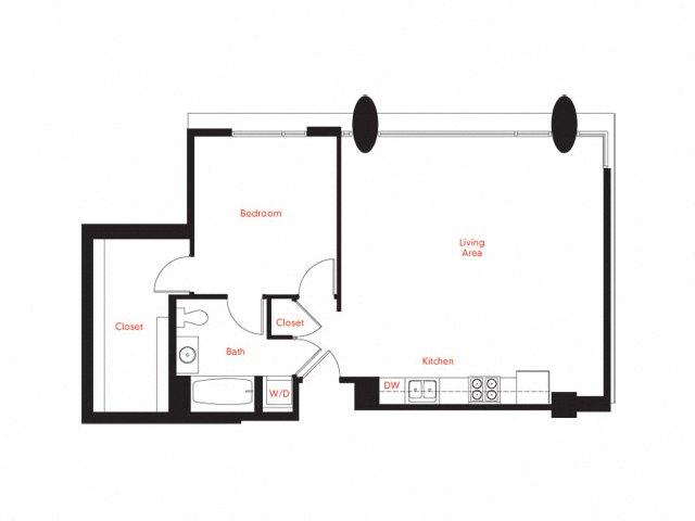Floor plan for 1 bed, 1 bath, 854 sqft