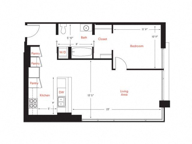 Floor plan for 1 bed, 1 bath, 810 sqft