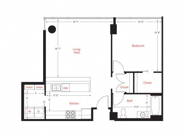 Floor plan for 1 bed, 1 bath, 851 sqft