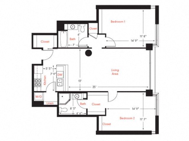 Floor plan for 2 beds, 2 baths, 1164 sqft