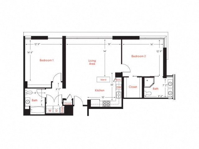 Floor plan for 2 beds, 2 baths, 1346 sqft