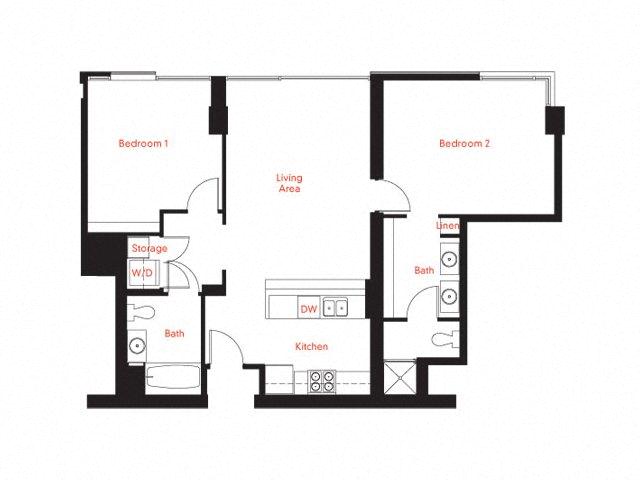 Floor plan for 2 beds, 2 baths, 1043 sqft