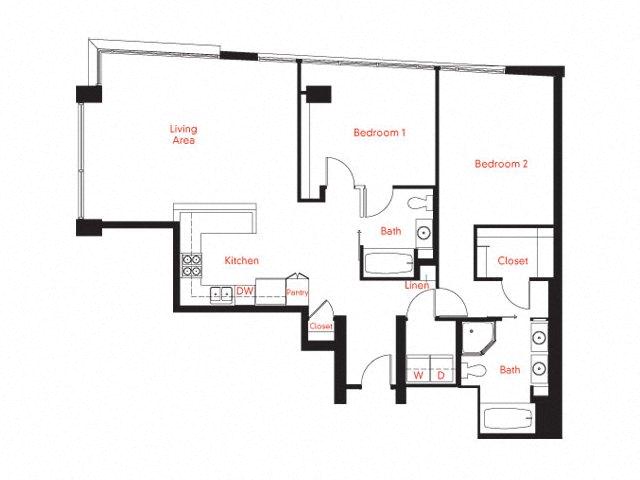 Floor plan for 2 beds, 2 baths, 1240 sqft