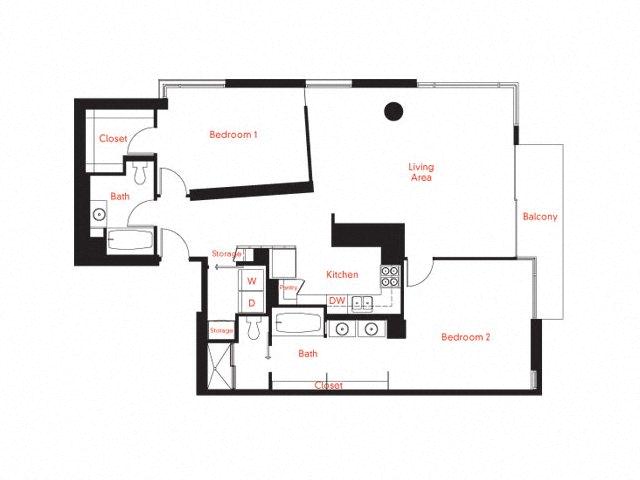 Floor plan for 2 beds, 2 baths, 1404 sqft