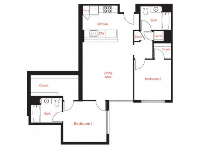 Floor plan for 2 beds, 2 baths, 1104 sqft