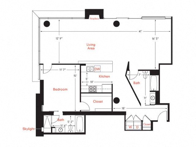 Floor plan for 1 bed, 2 baths, 1464 sqft