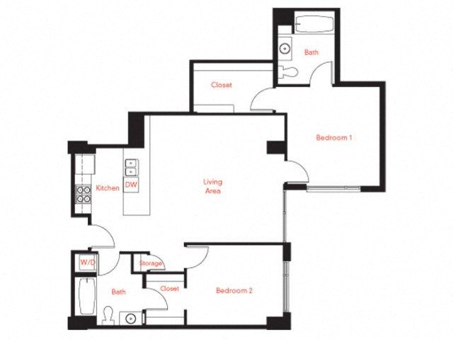 Floor plan for 2 beds, 2 baths, 1099 sqft