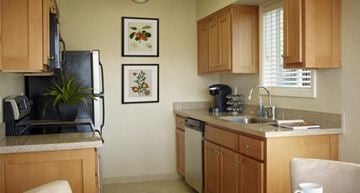 Vallejo apartment for rent - A kitchen with wooden cabinets and a black fridge.