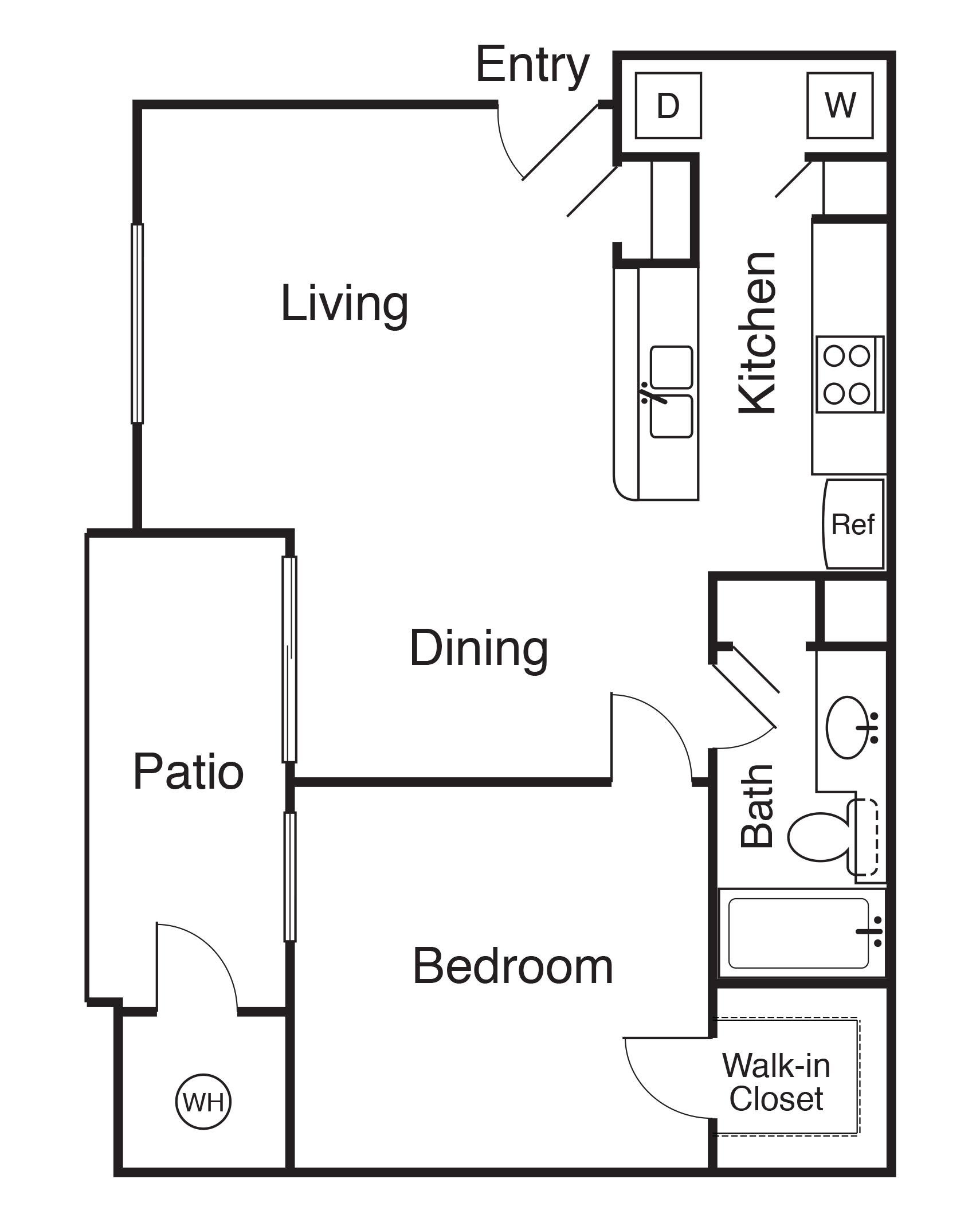Floor plan for 1 bed, 1 bath, 660 sqft