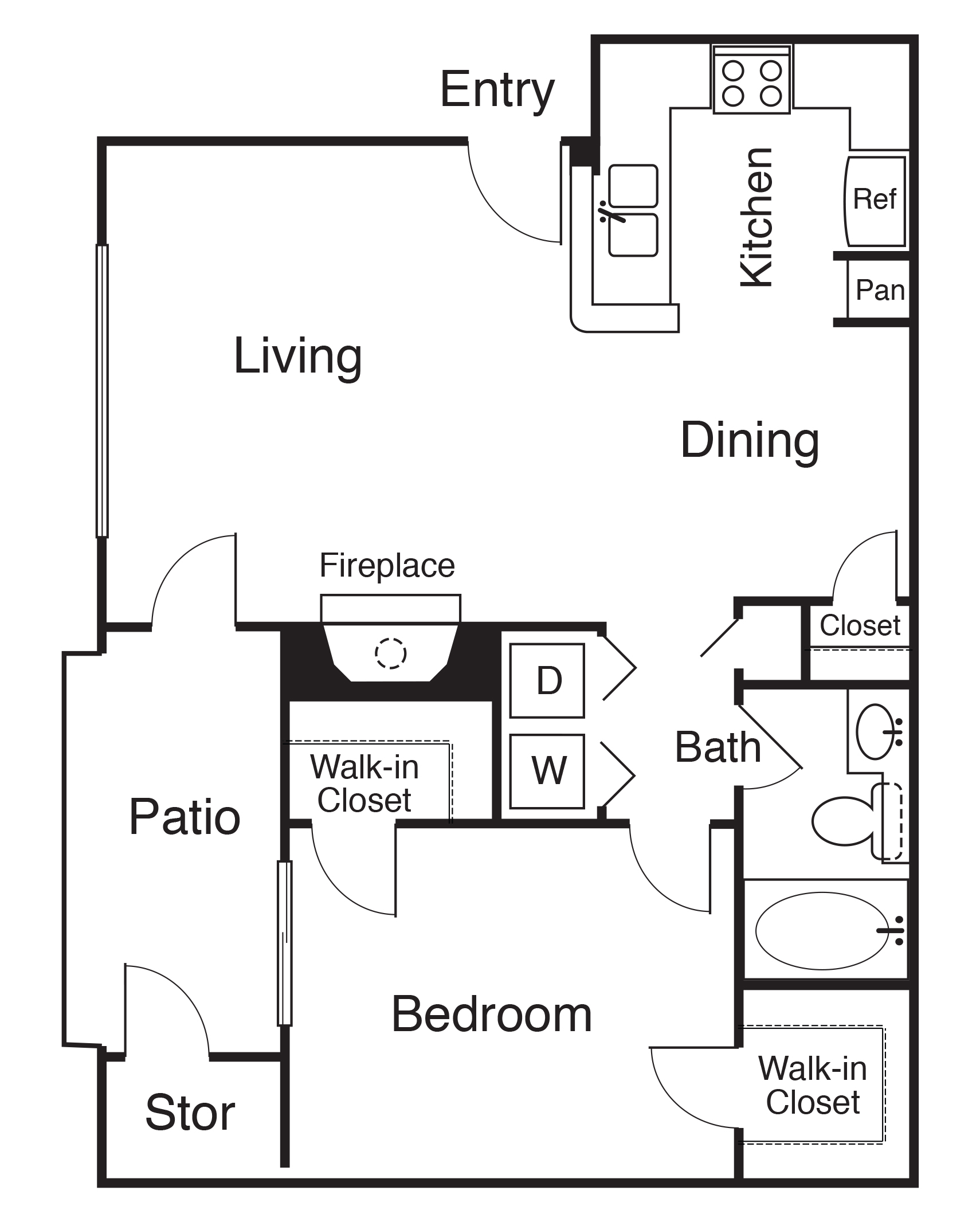Floor plan for 1 bed, 1 bath, 740 sqft