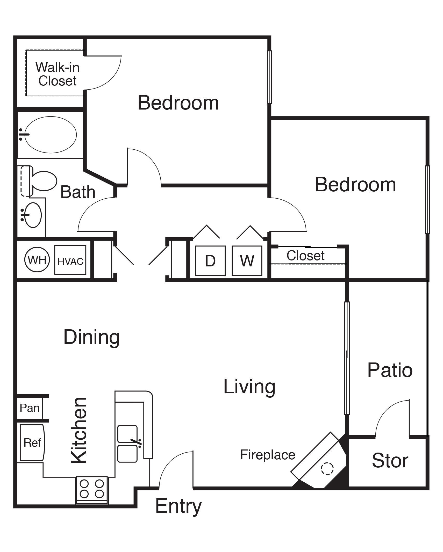 Floor plan for 2 beds, 1 bath, 884 sqft