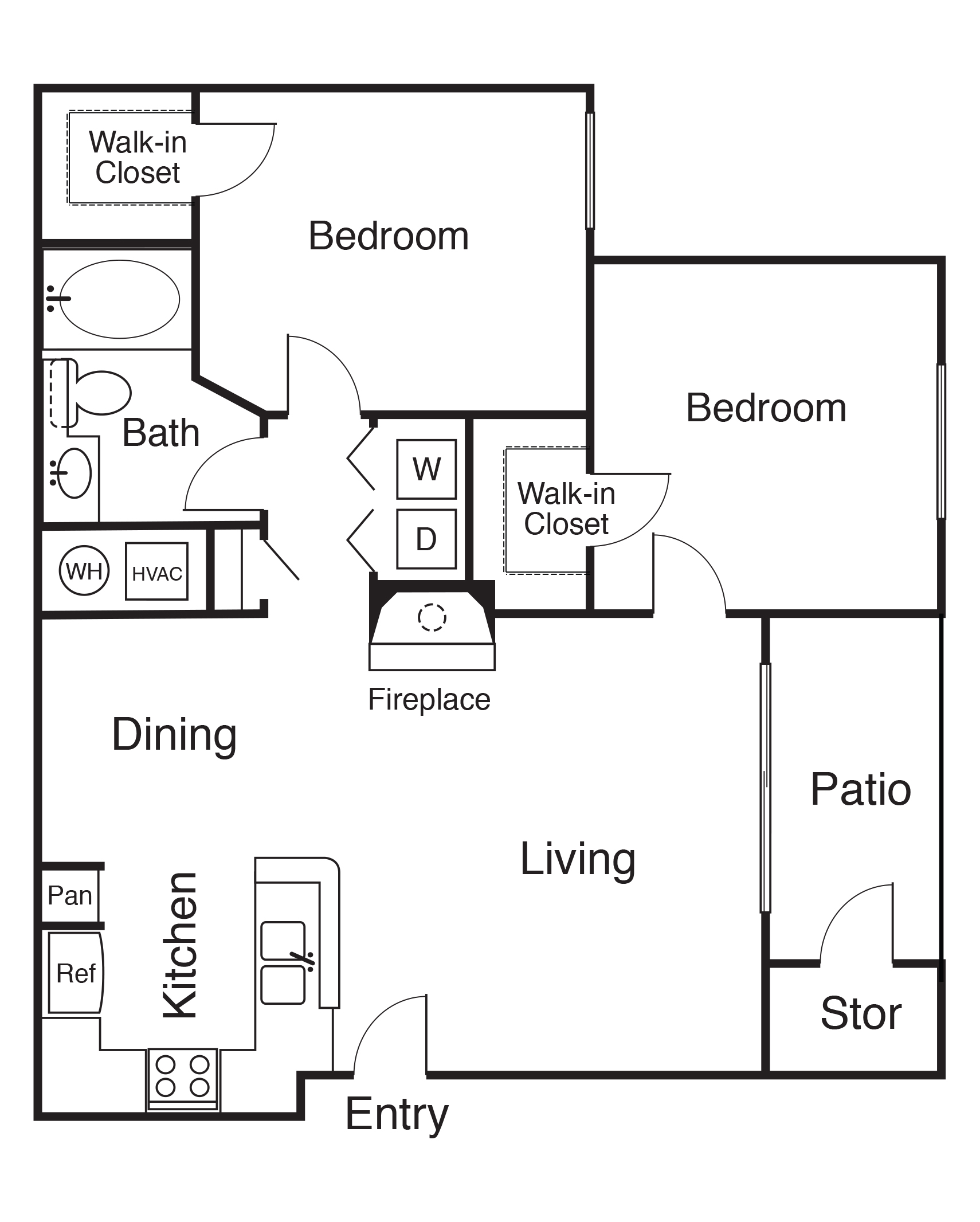 Floor plan for 2 beds, 1 bath, 884 sqft