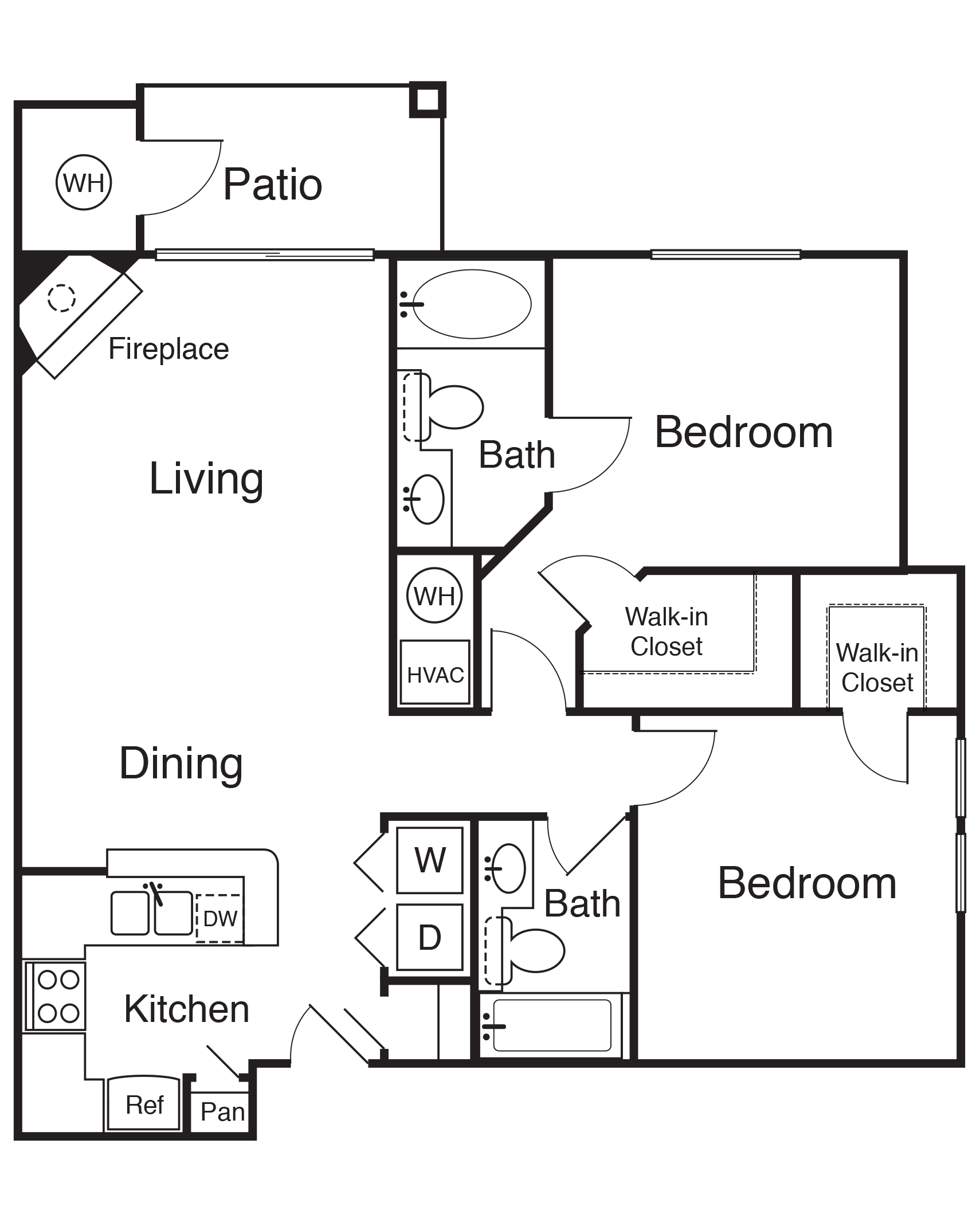 Floor plan for 2 beds, 2 baths, 987 sqft