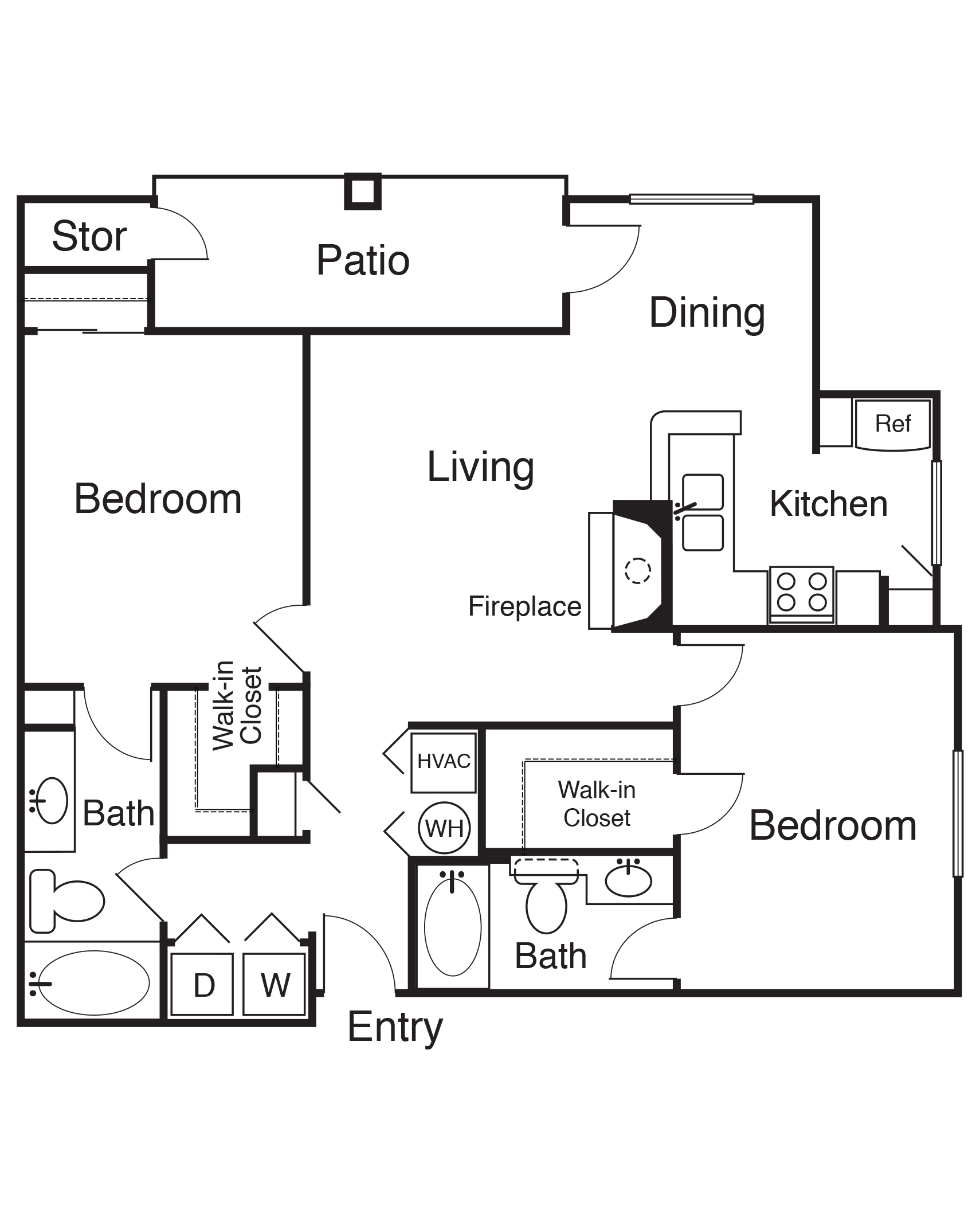 Floor plan for 2 beds, 2 baths, 1100 sqft