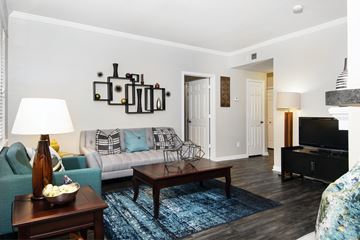 Denver apartment for rent - A living room with a blue rug and a wooden coffee table.