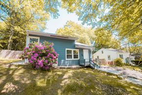 New Haven apartment for rent - A blue house with a flower pot in front of it.