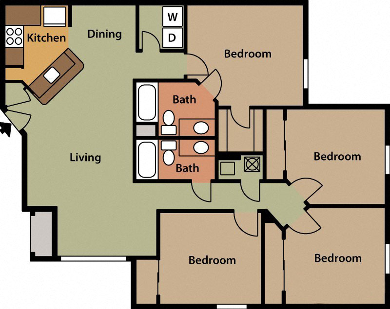 Floor plan for 4 beds, 2 baths, 1292 sqft