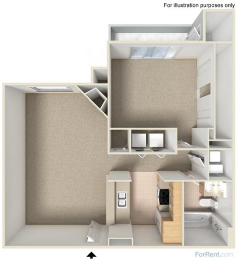 Floor plan for 1 bed, 1 bath, 667 sqft