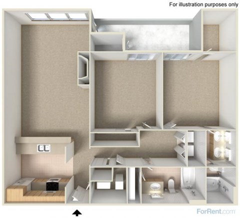 Floor plan for 2 beds, 2 baths, 922 sqft