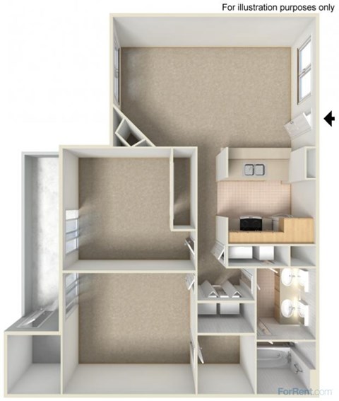 Floor plan for 2 beds, 1 bath, 829 sqft
