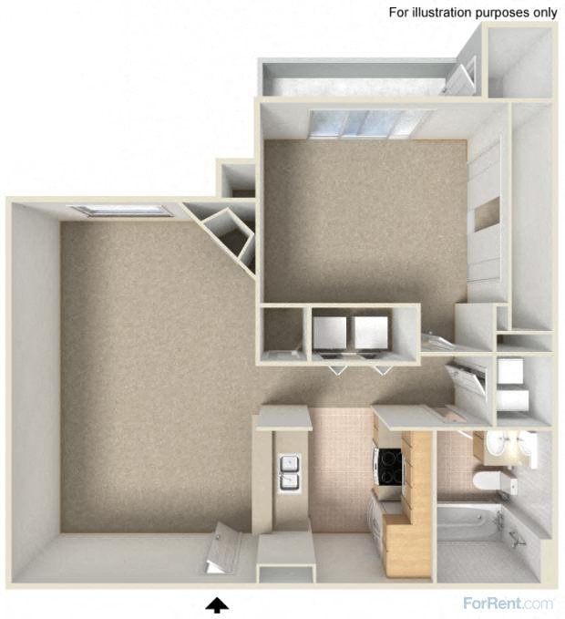 Floor plan for 1 bed, 1 bath, 667 sqft