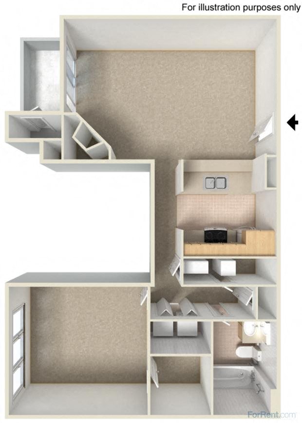Floor plan for 1 bed, 1 bath, 700 sqft