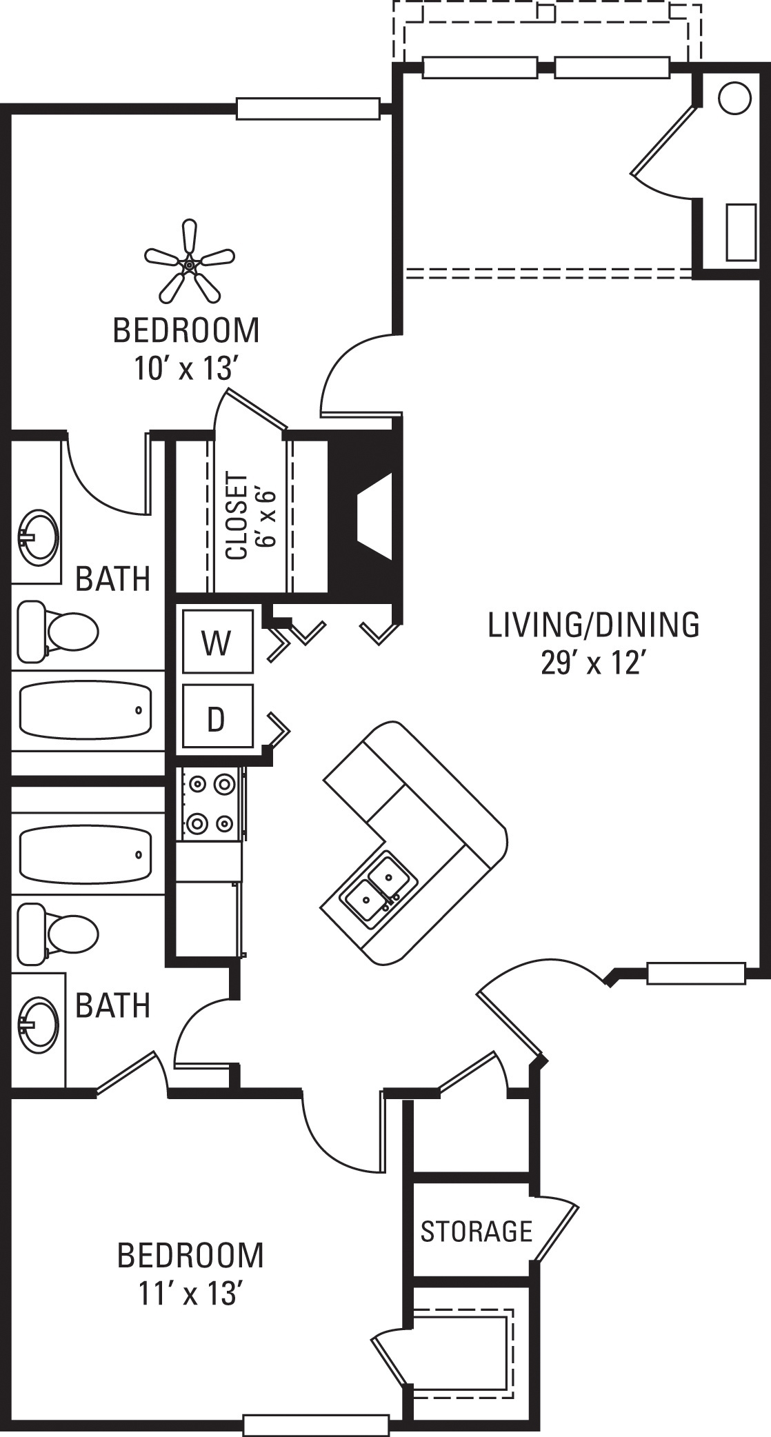 Floor plan for 2 beds, 2 baths, 1056 sqft