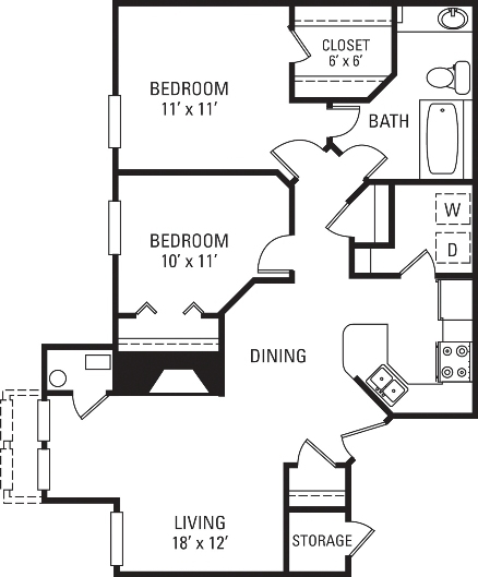 Floor plan for 2 beds, 1 bath, 857 sqft