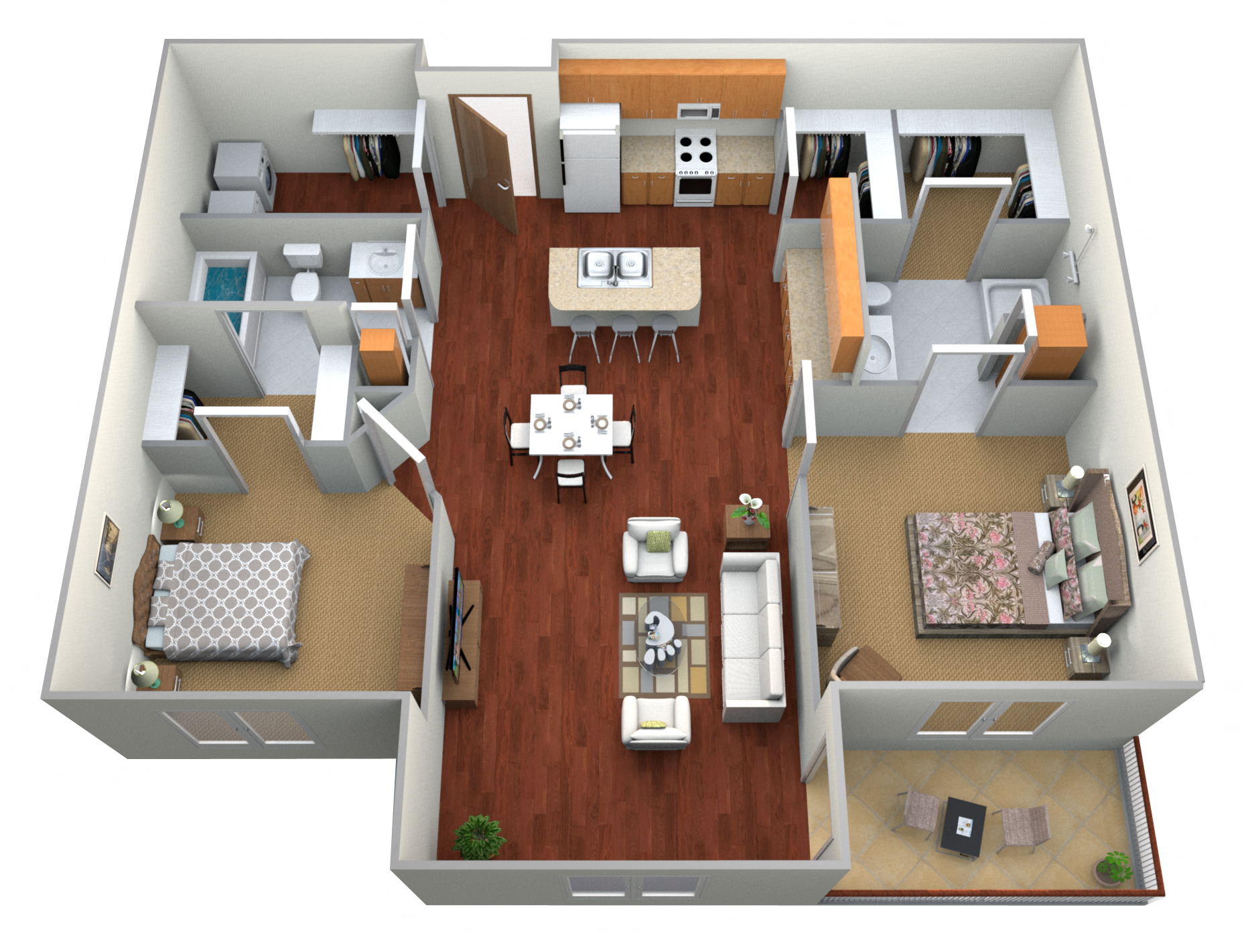 Floor plan for 2 beds, 2 baths, 1130 sqft
