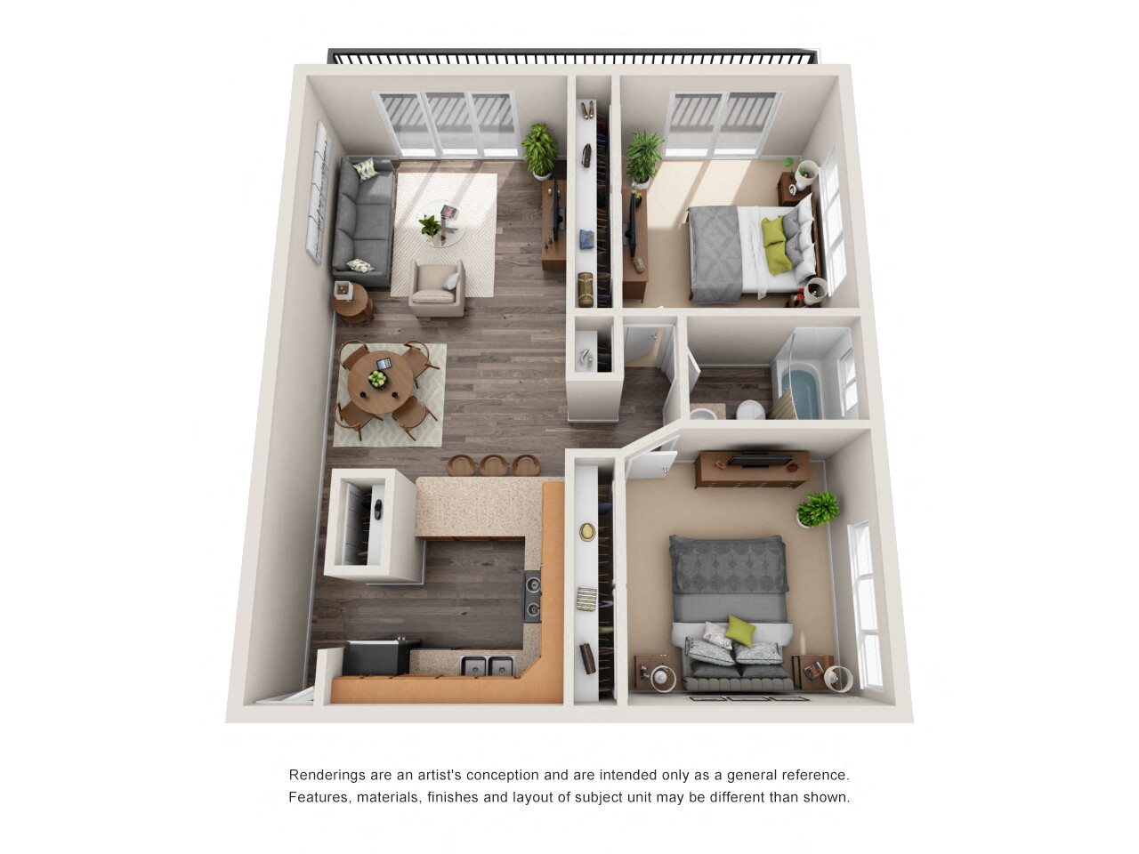 Floor plan for 2 beds, 1 bath, 835 sqft