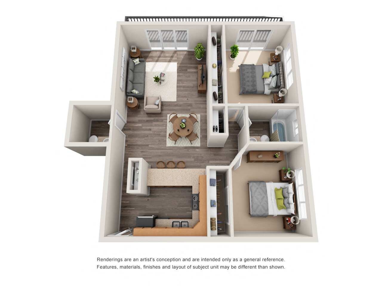 Floor plan for 2 beds, 1.5 baths, 860 sqft