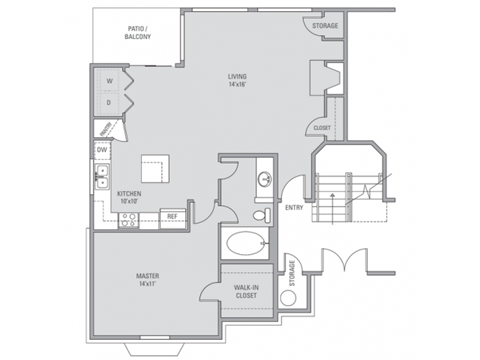 Floor plan for 1 bed, 1 bath, 803 sqft