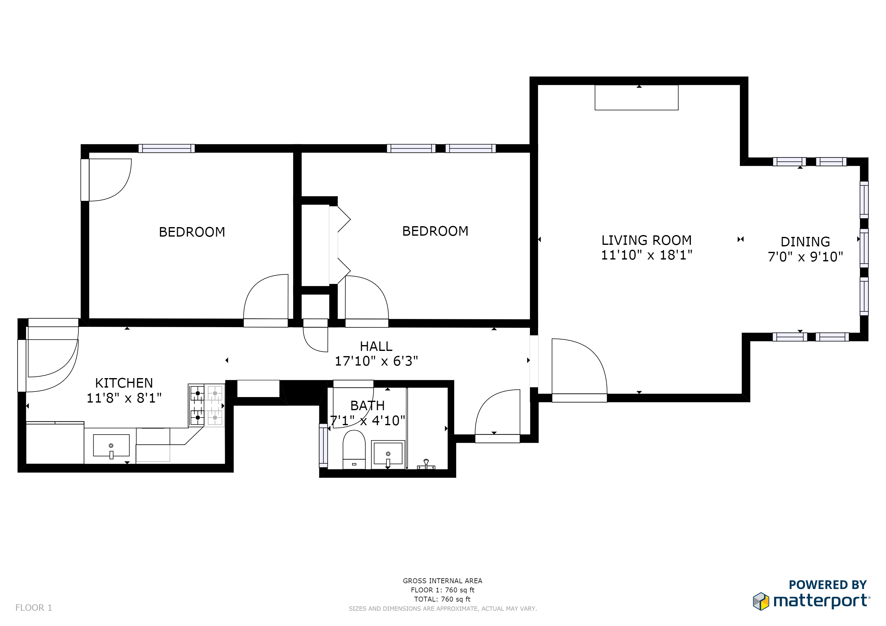 Floor plan for 2 beds, 1 bath