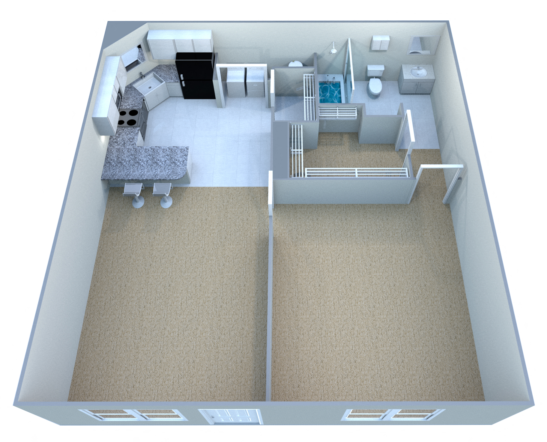 Floor plan for 1 bed, 1 bath, 665 sqft