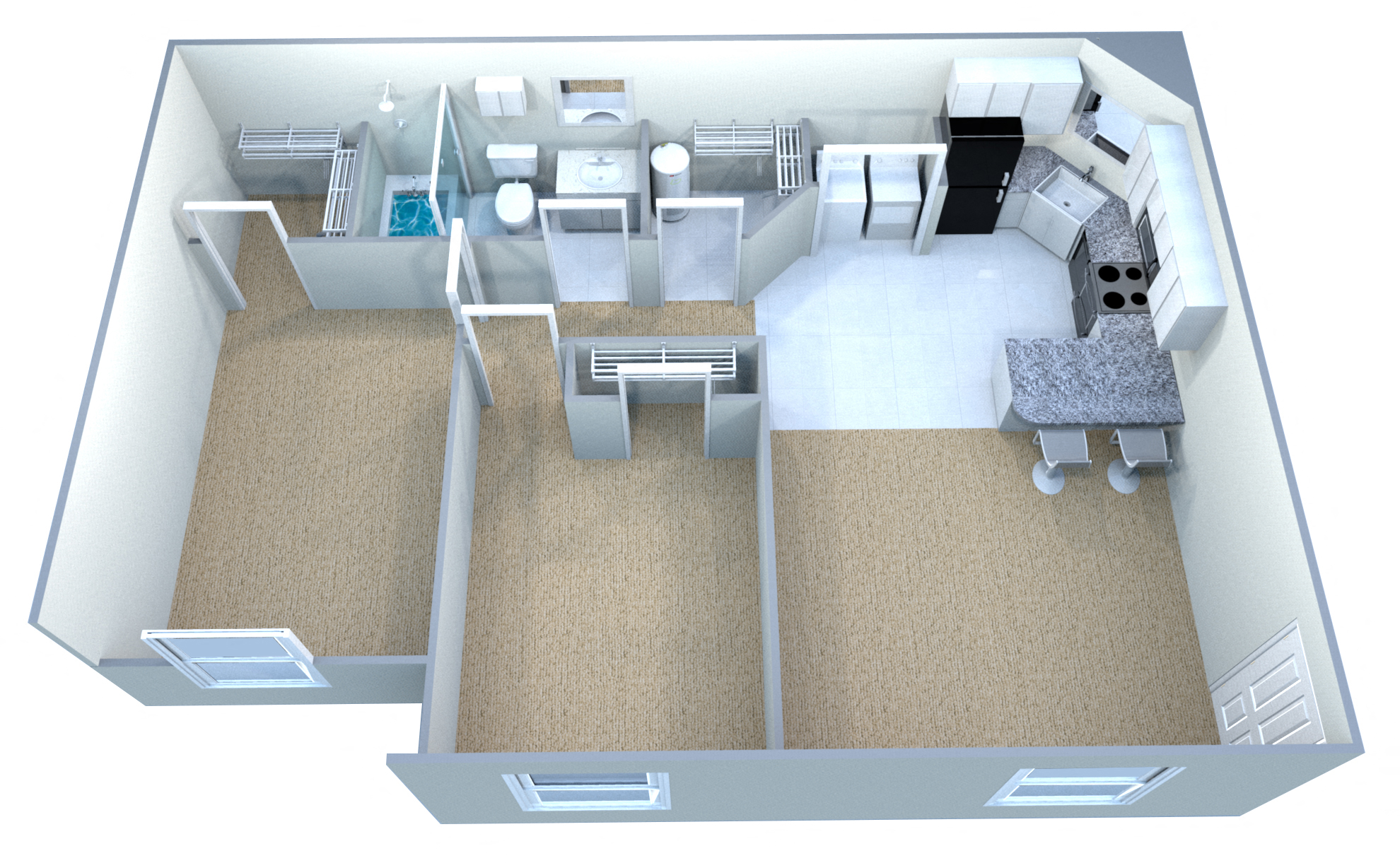 Floor plan for 2 beds, 1 bath, 889 sqft