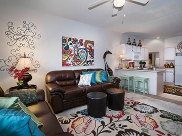 Shawnee apartment for rent - a living room with a leather couch and a rug
