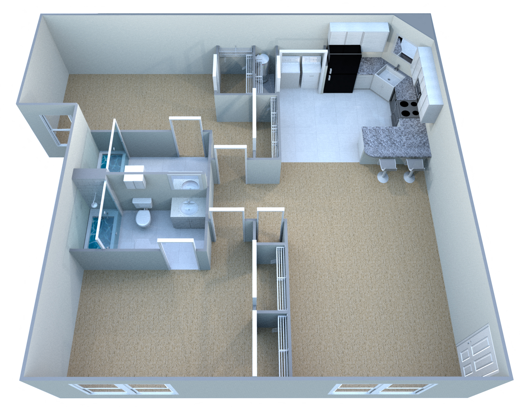 Floor plan for 2 beds, 2 baths, 1043 sqft