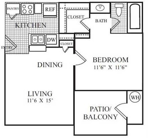 Floor plan for 1 bed, 1 bath, 474 sqft