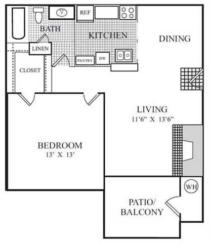 Floor plan for 1 bed, 1 bath, 570 sqft
