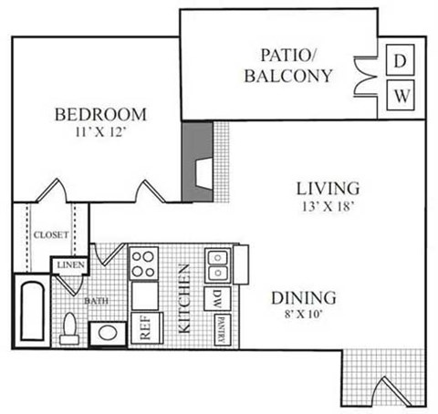 Floor plan for 1 bed, 1 bath, 660 sqft