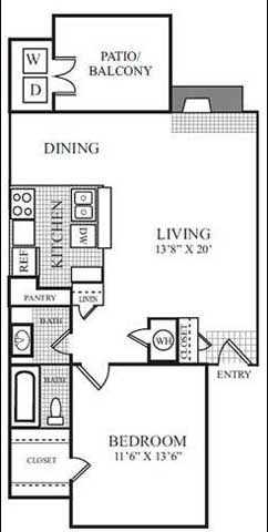 Floor plan for 1 bed, 1 bath, 748 sqft