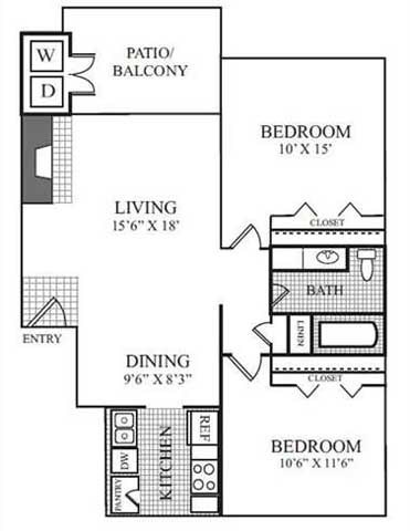 Floor plan for 2 beds, 1 bath, 788 sqft