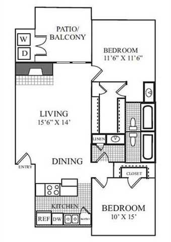 Floor plan for 2 beds, 2 baths, 950 sqft
