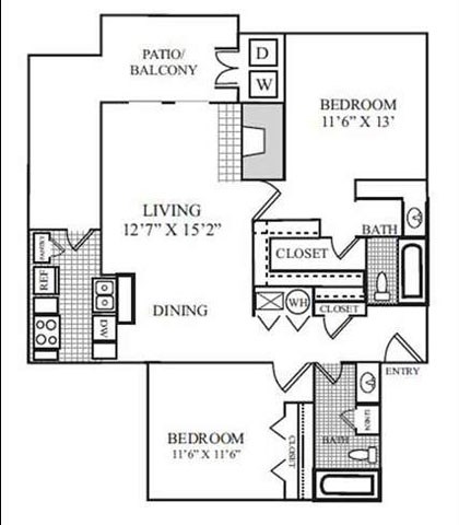 Floor plan for 2 beds, 2 baths, 1080 sqft