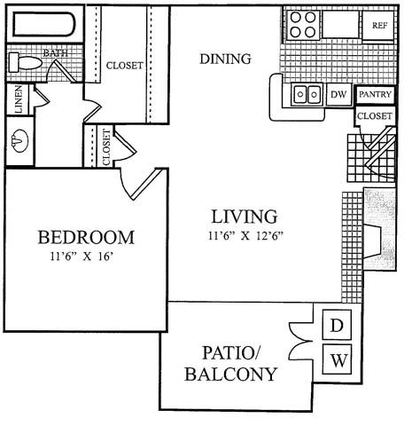 Floor plan for 1 bed, 1 bath, 570 sqft
