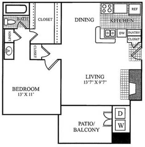 Floor plan for 1 bed, 1 bath, 660 sqft