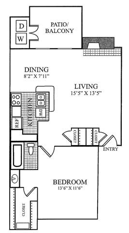 Floor plan for 1 bed, 1 bath, 748 sqft