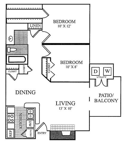 Floor plan for 2 beds, 1 bath, 788 sqft